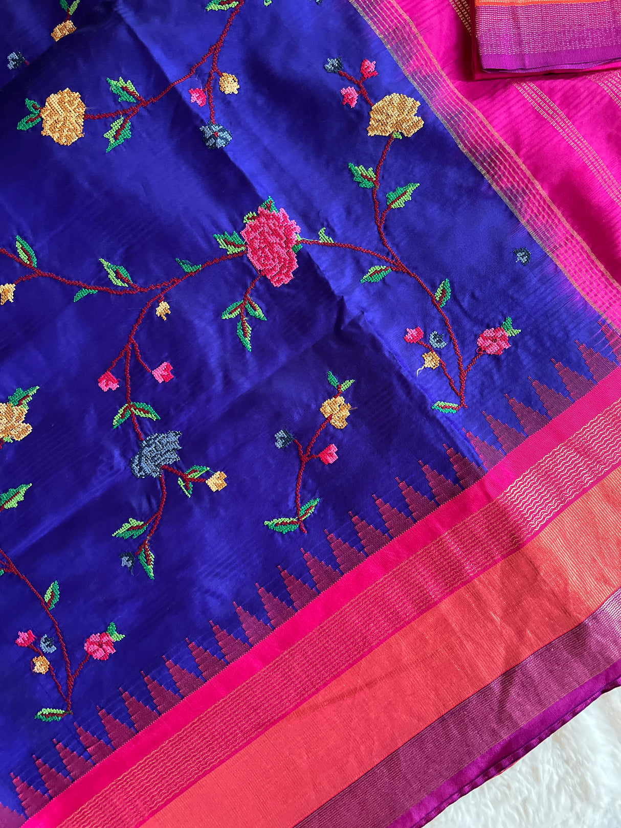 Cross Stitch Embroidery On Pure Silk Kanjeevaram