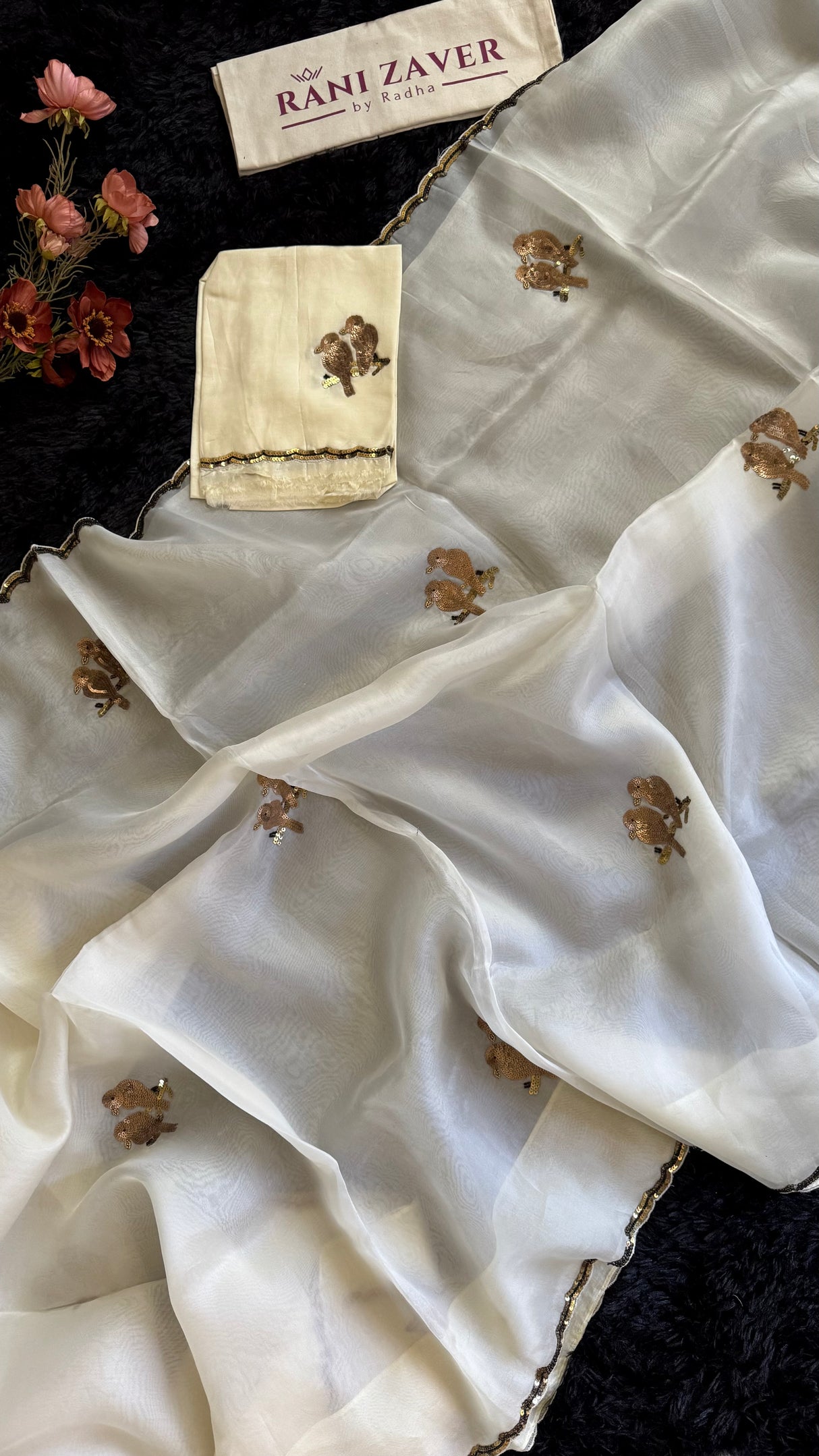 Ivory Birds Sequins Motifs Pure Organza