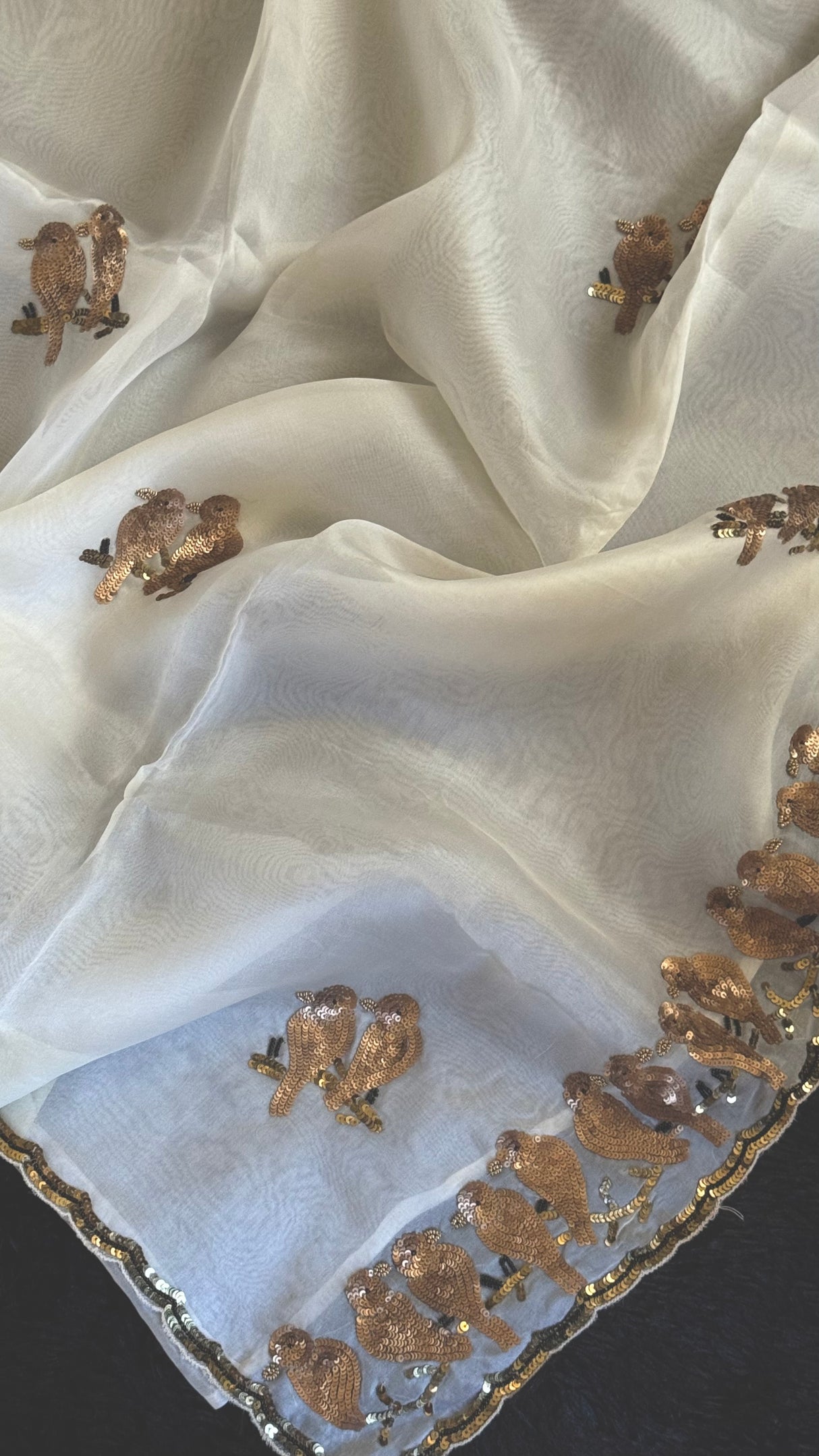 Ivory Birds Sequins Motifs Pure Organza