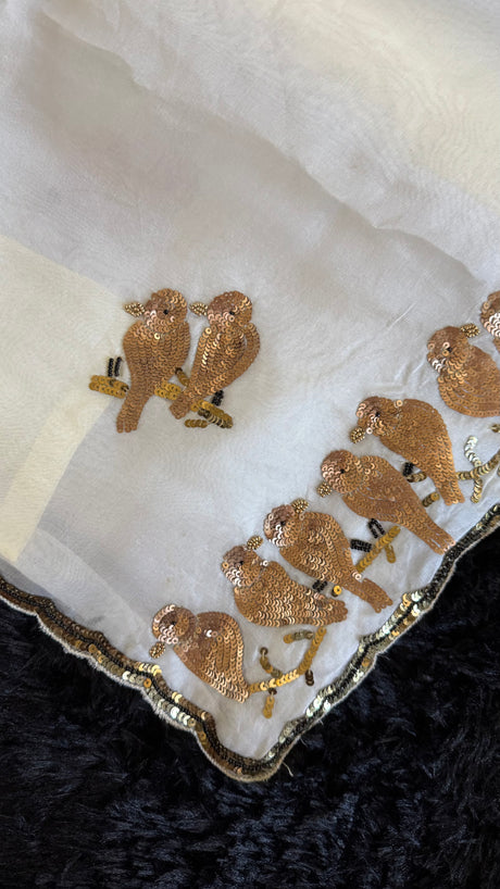 Ivory Birds Sequins Motifs Pure Organza