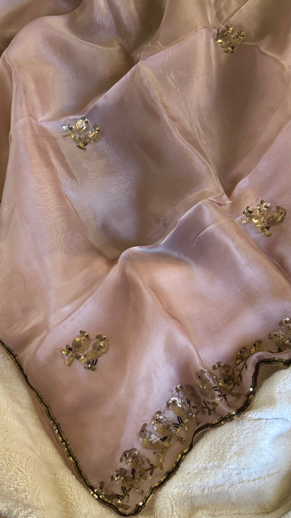 Rose Gold Birds Sequins Motifs Pure Organza