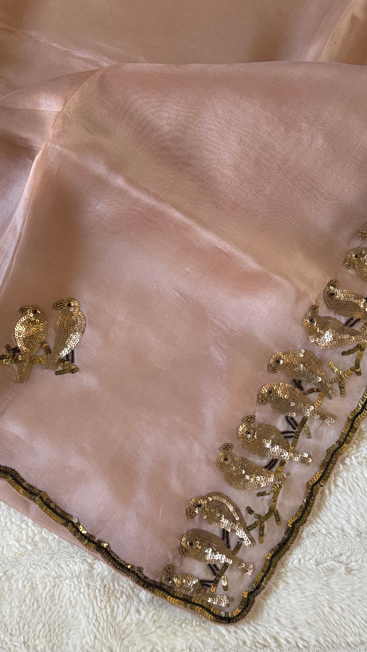 Rose Gold Birds Sequins Motifs Pure Organza