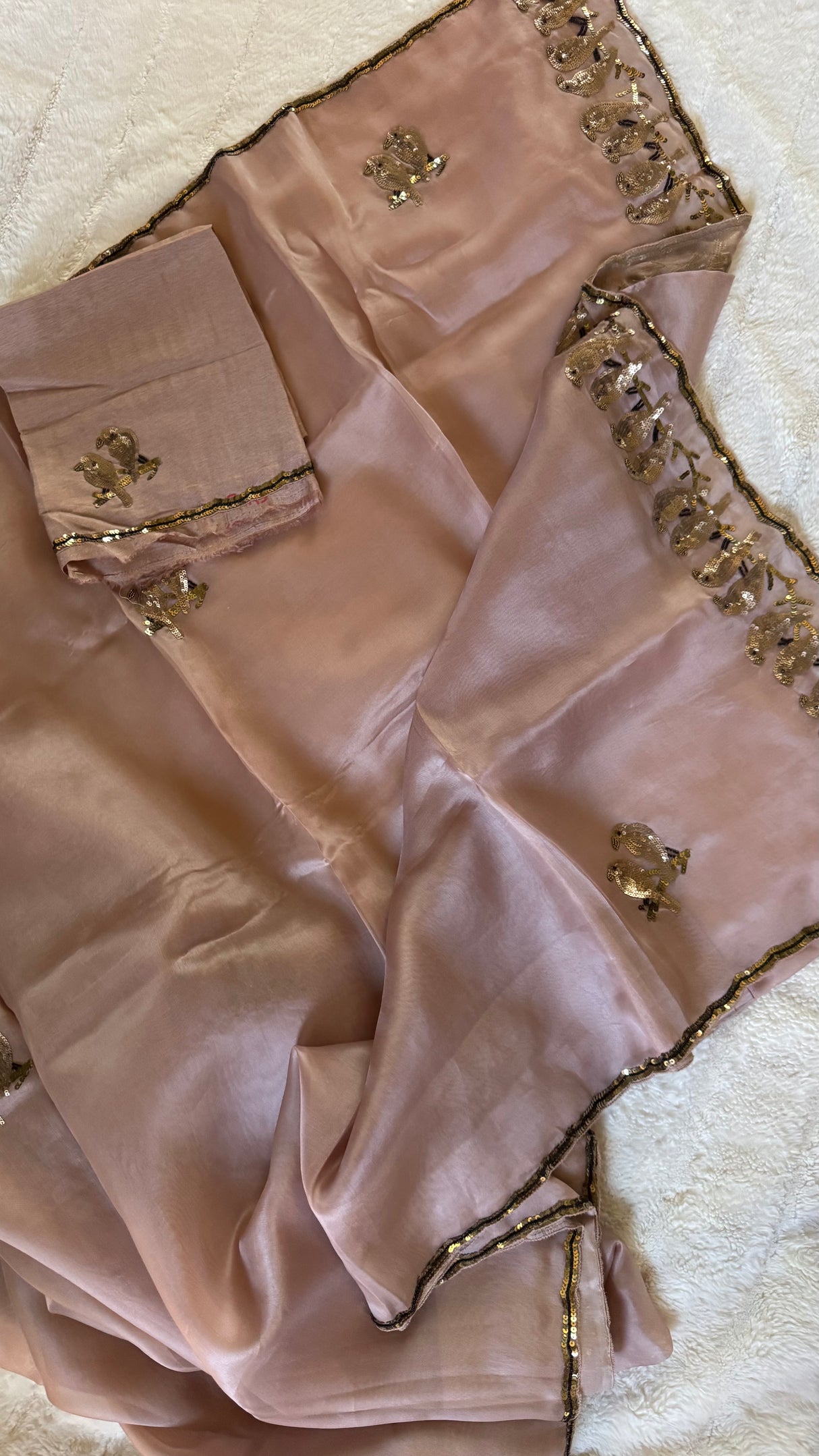 Rose Gold Birds Sequins Motifs Pure Organza