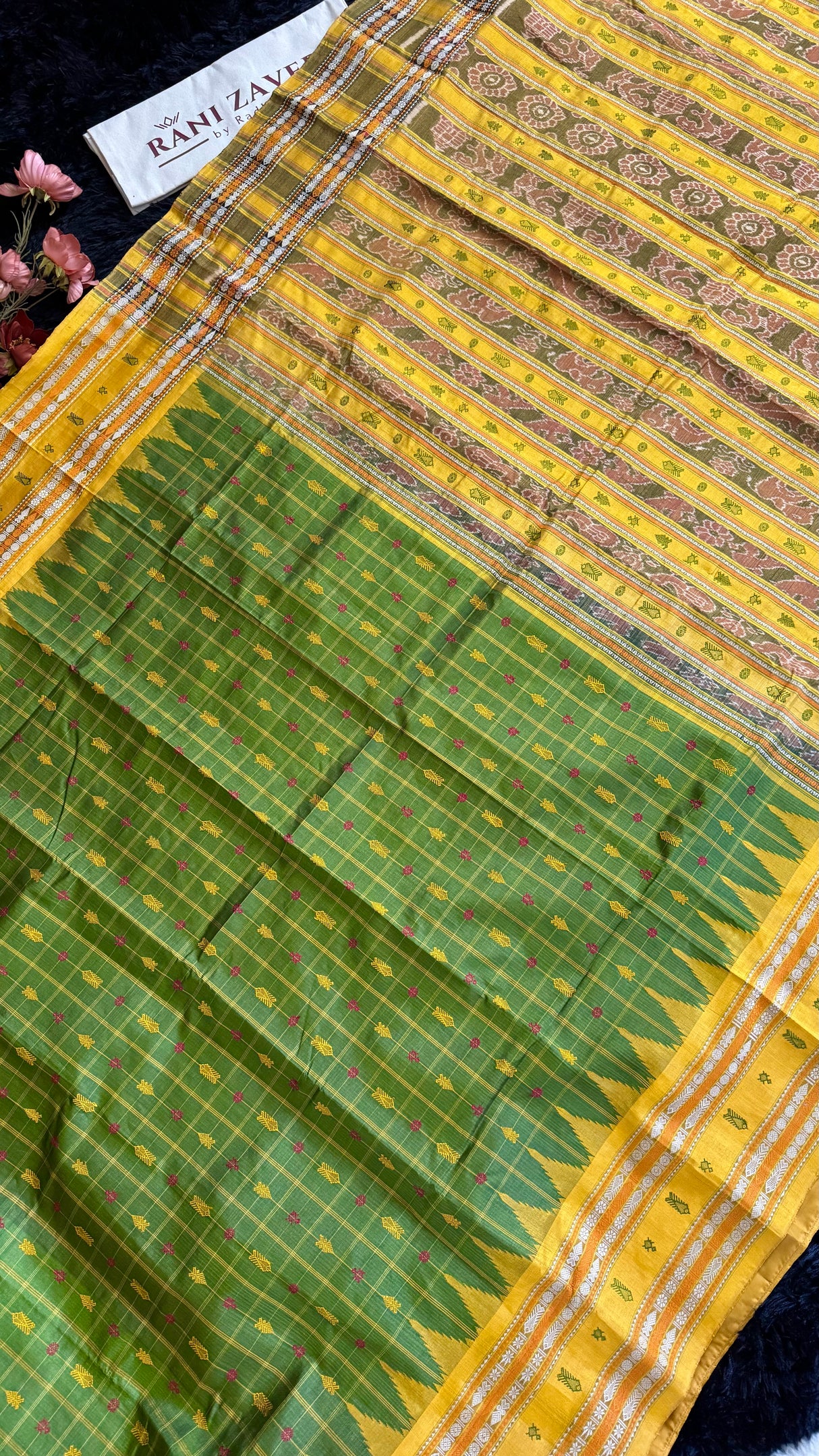 Sambalpuri Double Ikkat Hazaar butti Olive Green Mustard Yellow