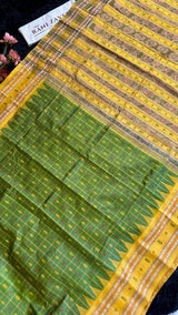 Sambalpuri Double Ikkat Hazaar butti Olive Green Mustard Yellow