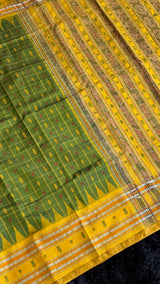 Sambalpuri Double Ikkat Hazaar butti Olive Green Mustard Yellow