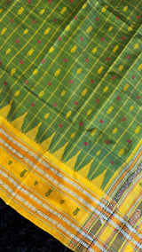 Sambalpuri Double Ikkat Hazaar butti Olive Green Mustard Yellow