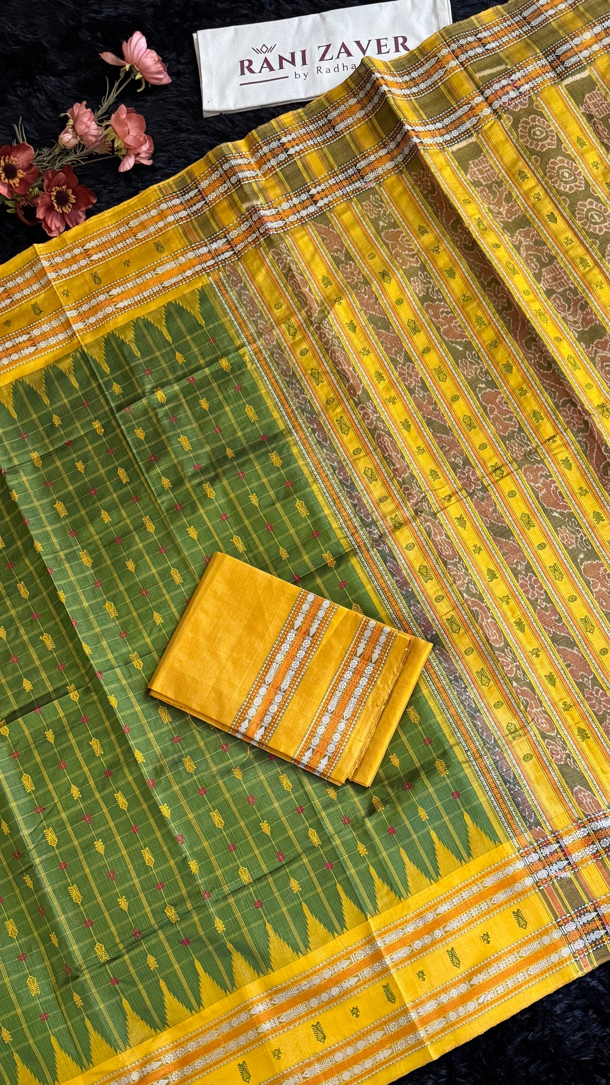 Sambalpuri Double Ikkat Hazaar butti Olive Green Mustard Yellow