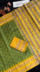 Sambalpuri Double Ikkat Hazaar butti Olive Green Mustard Yellow