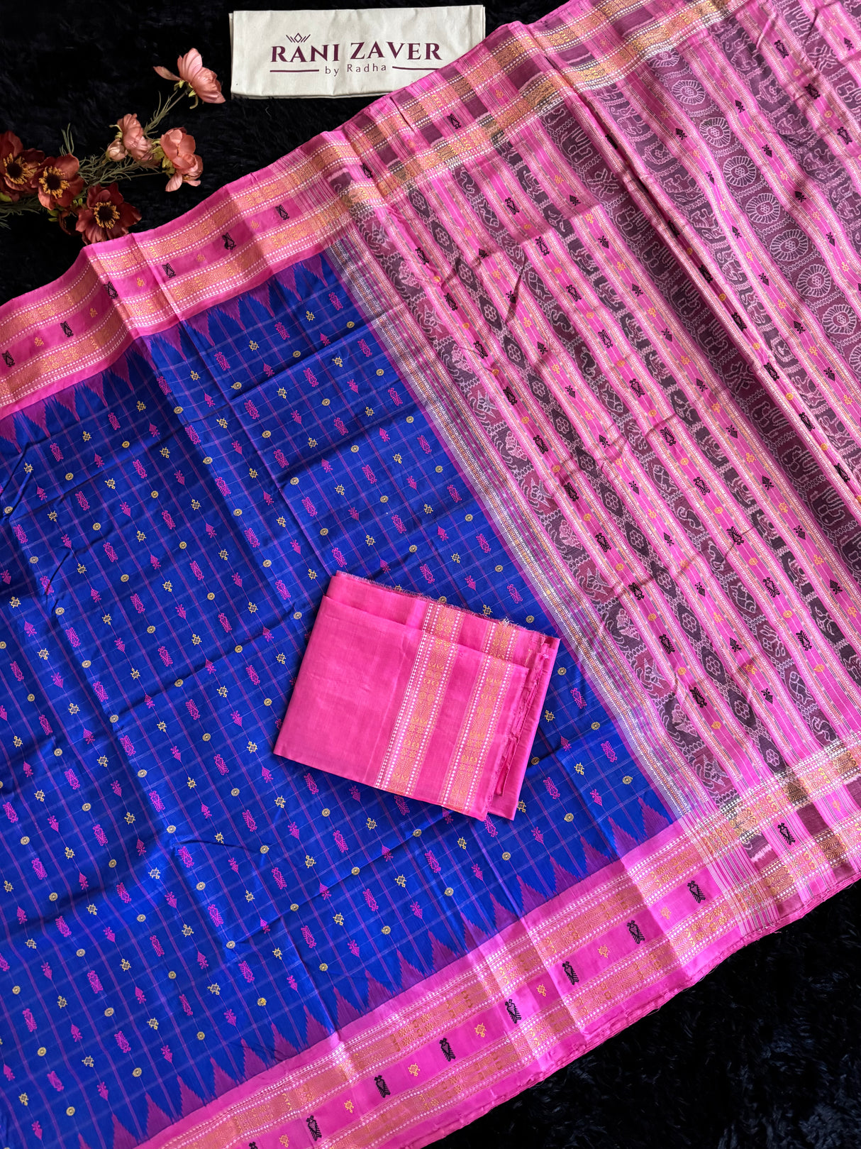 Sambalpuri Double Ikkat Hazaar butti Royal Blue Hot Pink