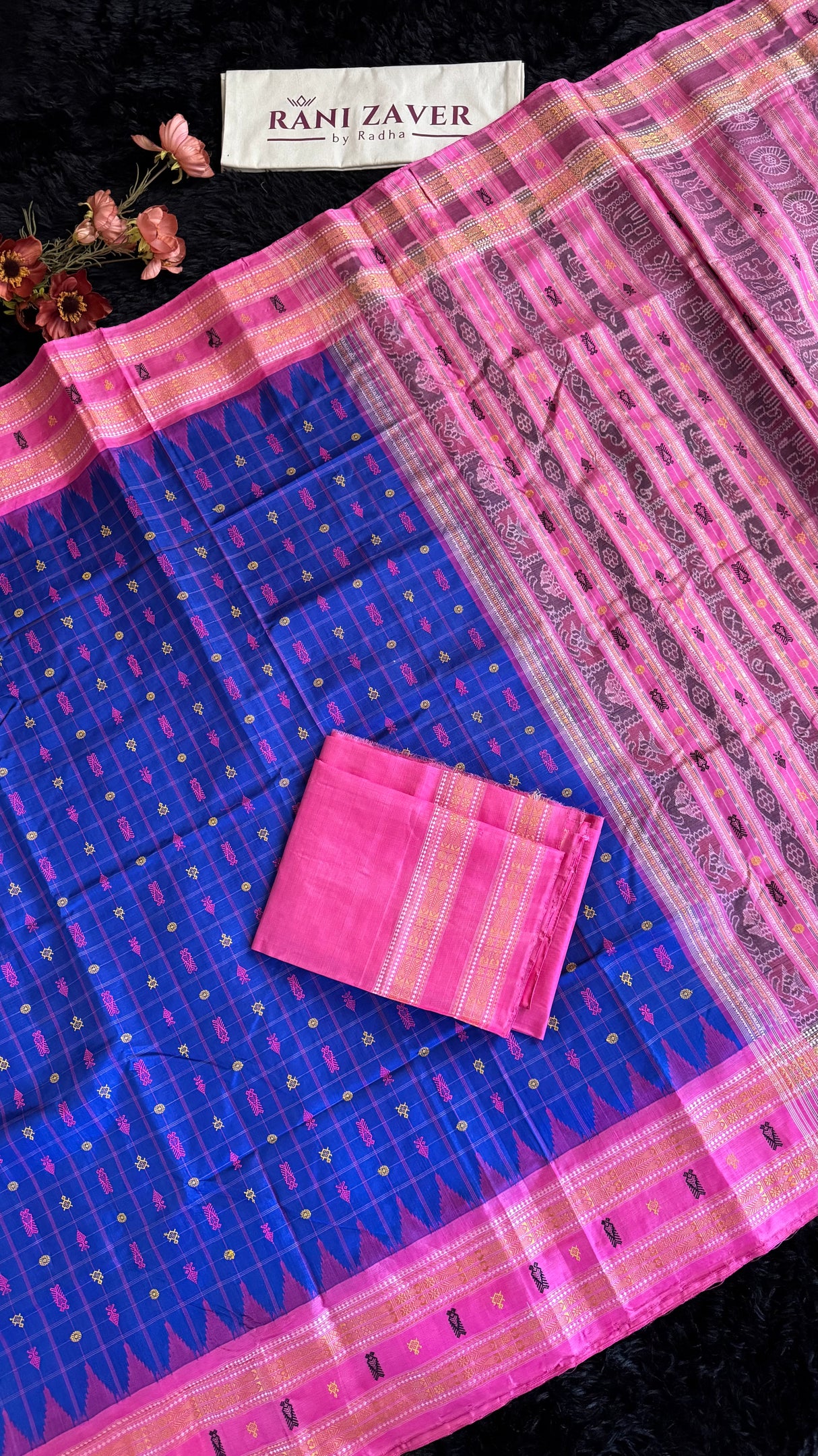 Sambalpuri Double Ikkat Hazaar butti Royal Blue Hot Pink
