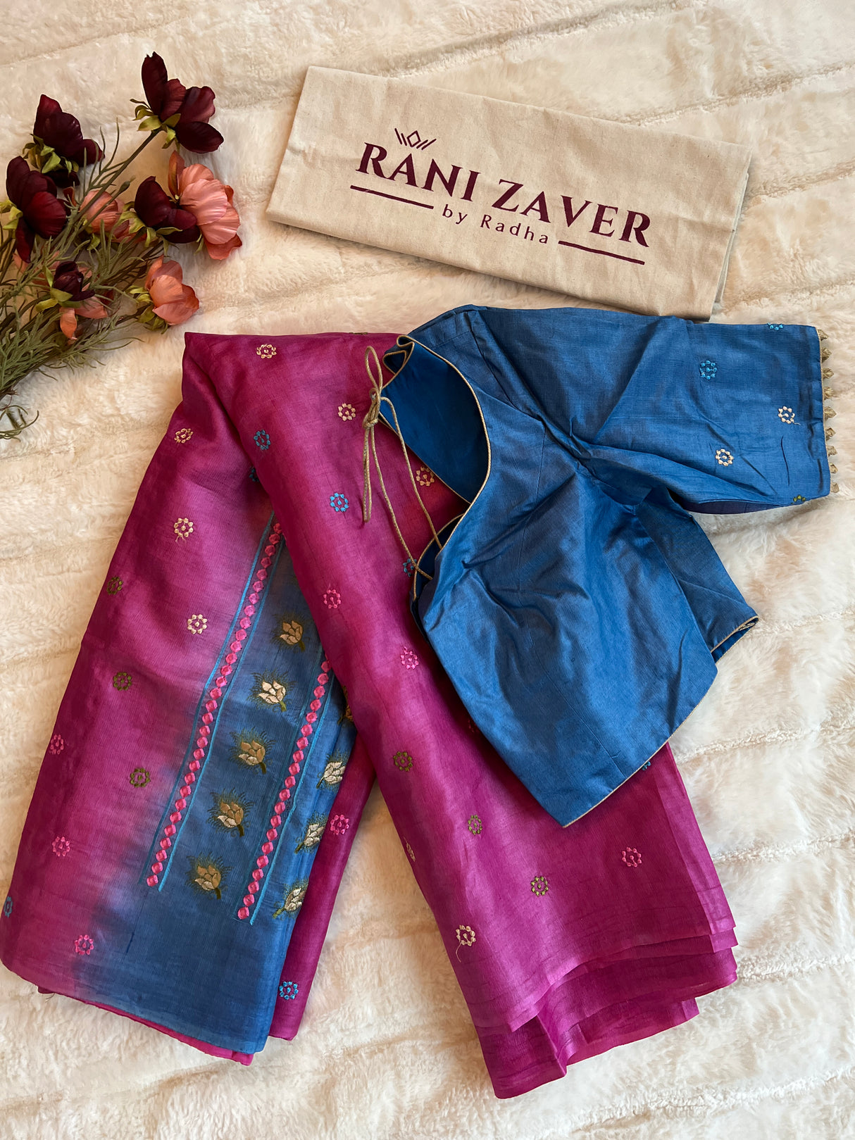 Stitched blouse  Tussar Silk with embroidered dolabedi pallu Saree