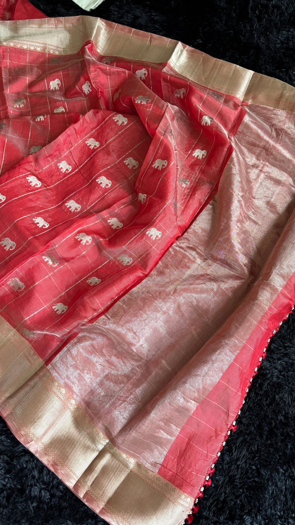 Chanderi Pattu Tissue Pinstripes Eknaliya Meenadari Elephant Motifs Gajar Color