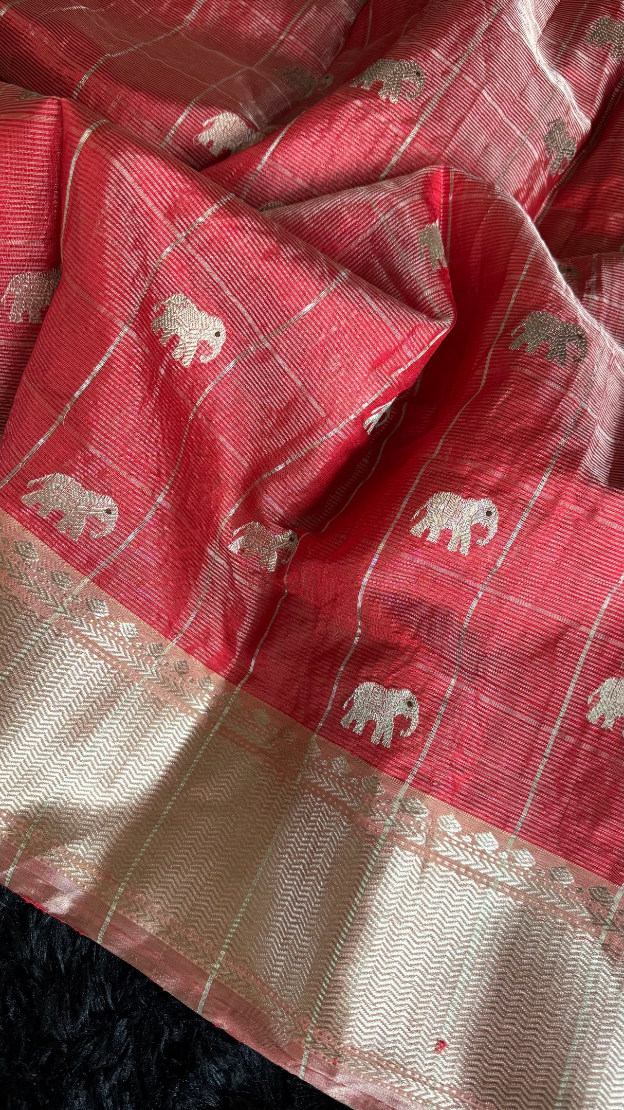 Chanderi Pattu Tissue Pinstripes Eknaliya Meenadari Elephant Motifs Gajar Color