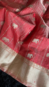 Chanderi Pattu Tissue Pinstripes Eknaliya Meenadari Elephant Motifs Gajar Color