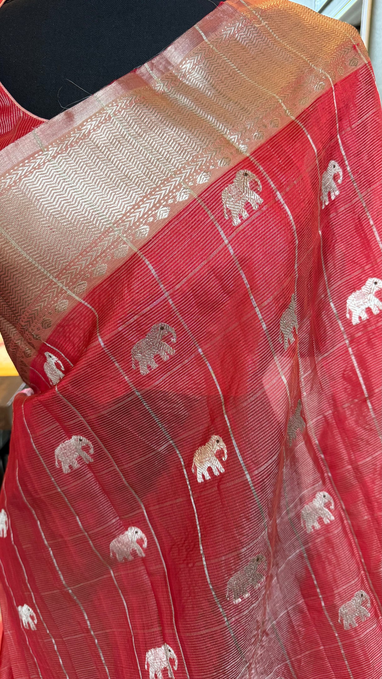 Chanderi Pattu Tissue Pinstripes Eknaliya Meenadari Elephant Motifs Gajar Color