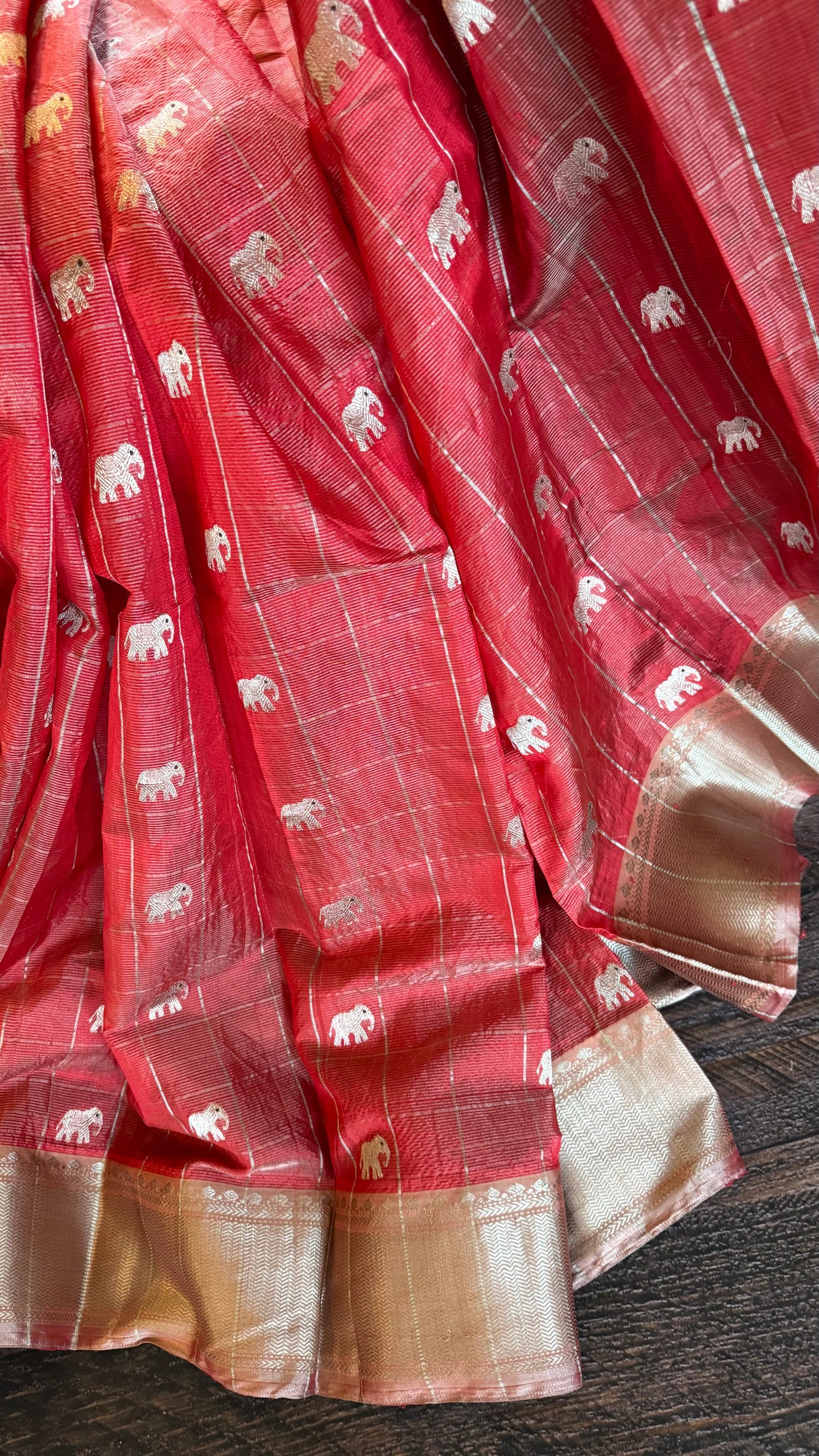 Chanderi Pattu Tissue Pinstripes Eknaliya Meenadari Elephant Motifs Gajar Color