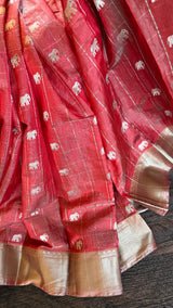 Chanderi Pattu Tissue Pinstripes Eknaliya Meenadari Elephant Motifs Gajar Color