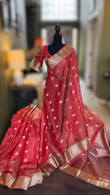 Chanderi Pattu Tissue Pinstripes Eknaliya Meenadari Elephant Motifs Gajar Color