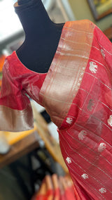 Chanderi Pattu Tissue Pinstripes Eknaliya Meenadari Elephant Motifs Gajar Color