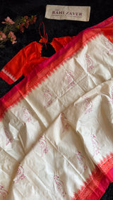 Ivory With Red Orange Border Ikkat Pure Silk