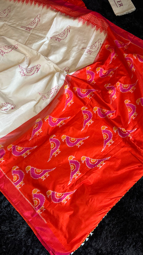 Ivory With Red Orange Border Ikkat Pure Silk