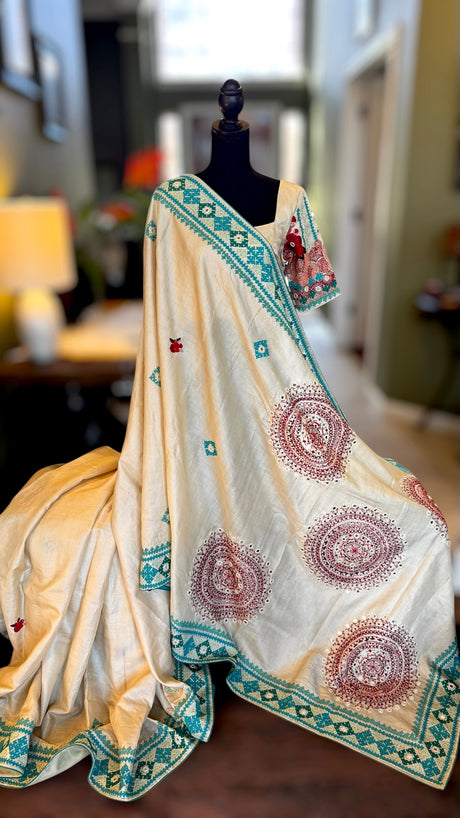 Ivory Tussar Silk Gujrathi Kutch Work Hand Embroidery