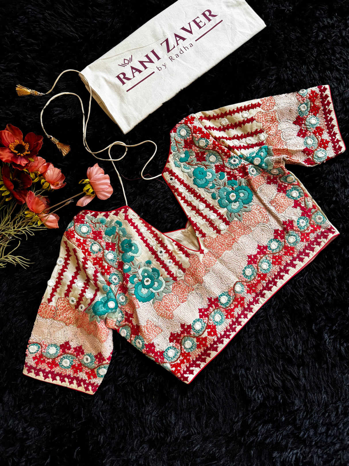 Ivory Tussar Silk Gujrathi Kutch Work Hand Embroidery Red Border