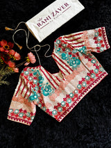 Ivory Tussar Silk Gujrathi Kutch Work Hand Embroidery Red Border