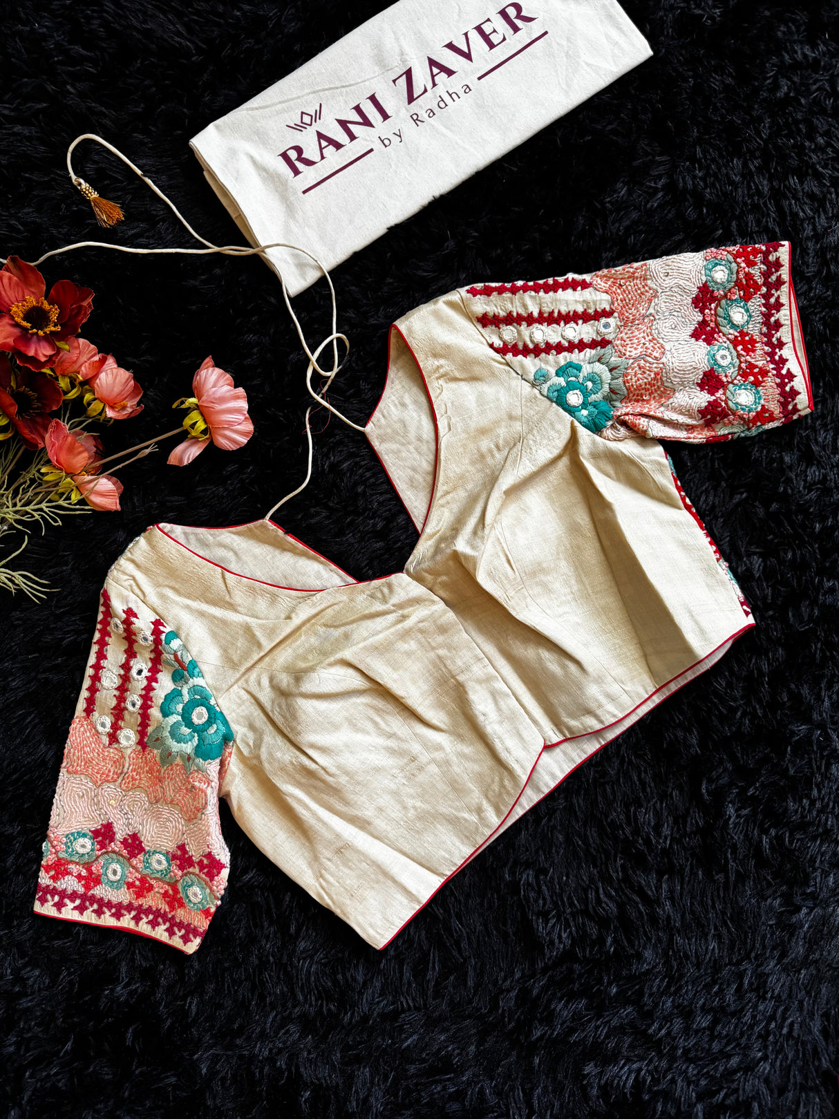 Ivory Tussar Silk Gujrathi Kutch Work Hand Embroidery Red Border