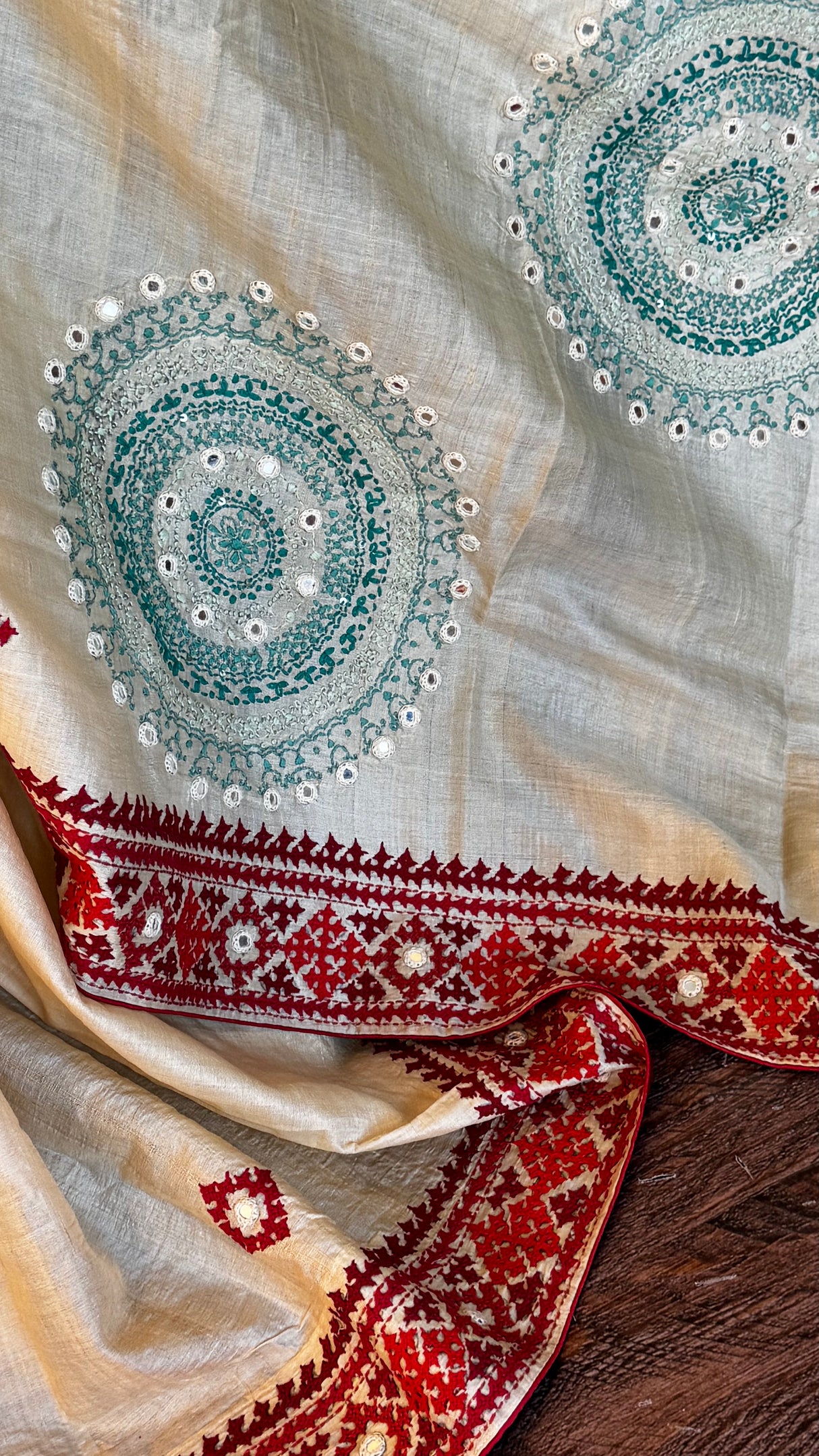 Ivory Tussar Silk Gujrathi Kutch Work Hand Embroidery Red Border