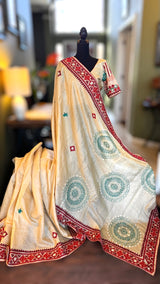 Ivory Tussar Silk Gujrathi Kutch Work Hand Embroidery Red Border