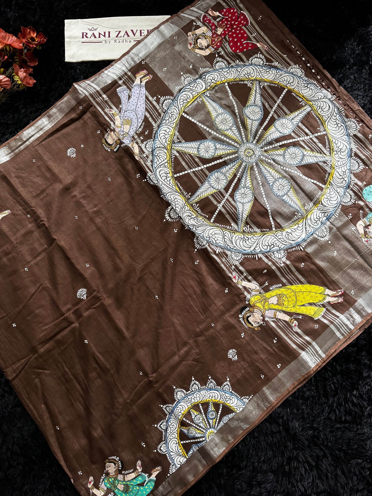 Brown Hand Painted Patachitra Konark Temple Theme Cotton Linen