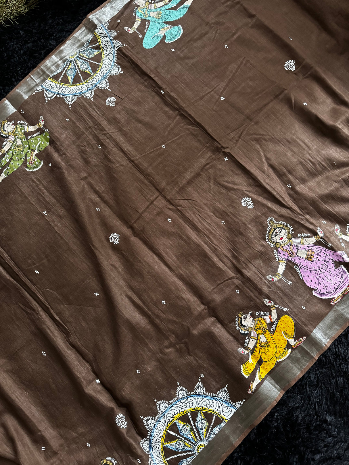 Brown Hand Painted Patachitra Konark Temple Theme Cotton Linen