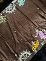 Brown Hand Painted Patachitra Konark Temple Theme Cotton Linen