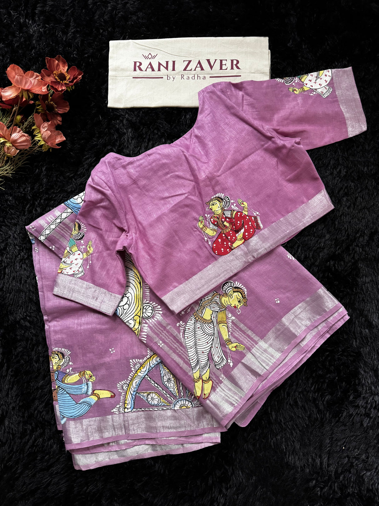 Lavender Hand Painted Patachitra Konark Temple Theme Cotton Linen