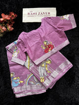 Lavender Hand Painted Patachitra Konark Temple Theme Cotton Linen