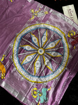Lavender Hand Painted Patachitra Konark Temple Theme Cotton Linen