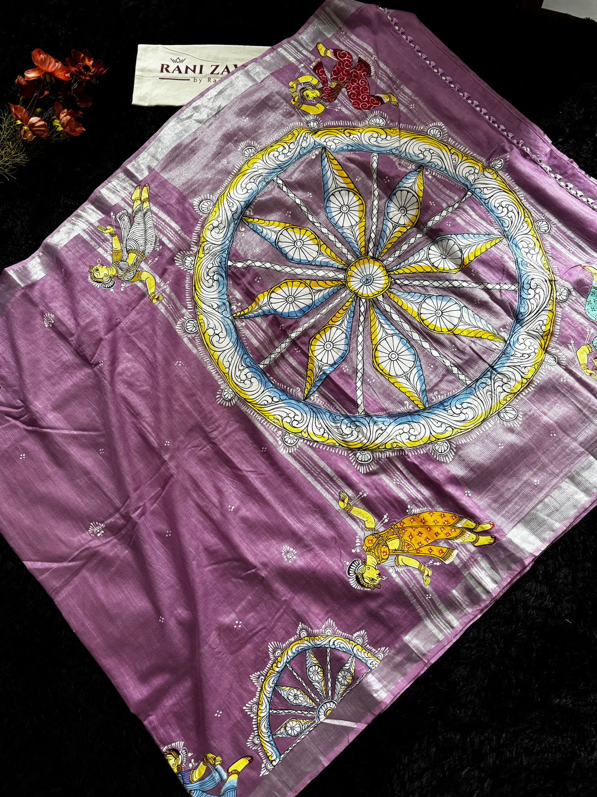 Lavender Hand Painted Patachitra Konark Temple Theme Cotton Linen