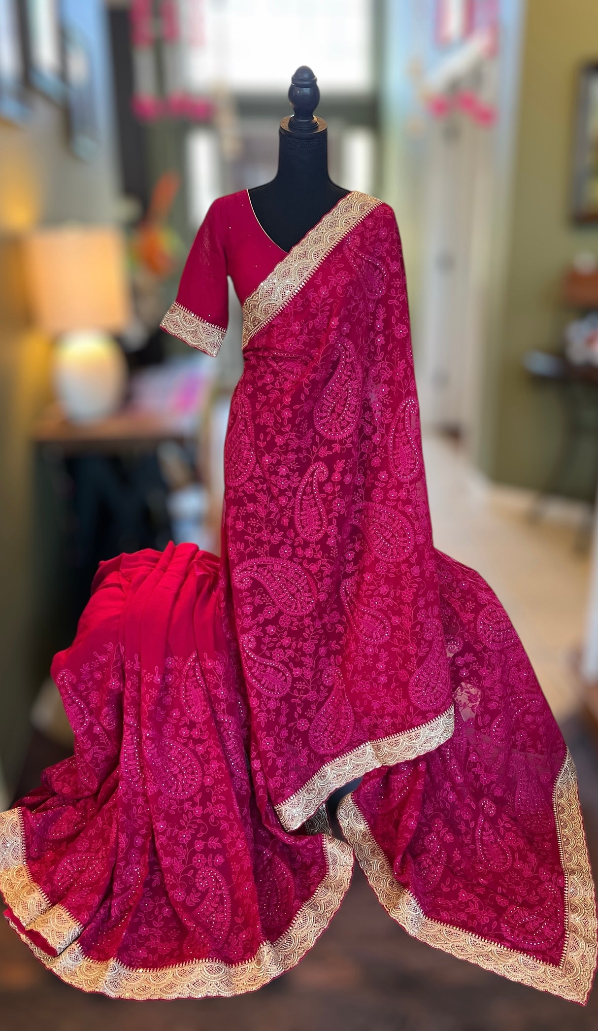 Pink Chikenkari on Pure Georgette with Stitched Blouse