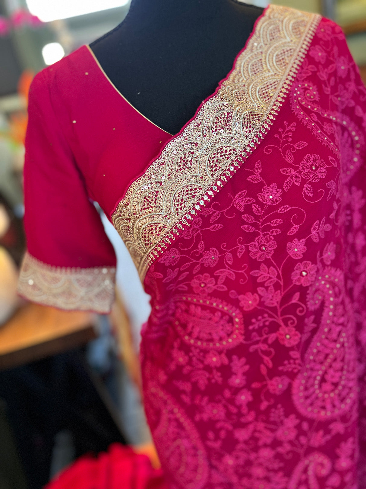 Pink Chikenkari on Pure Georgette with Stitched Blouse
