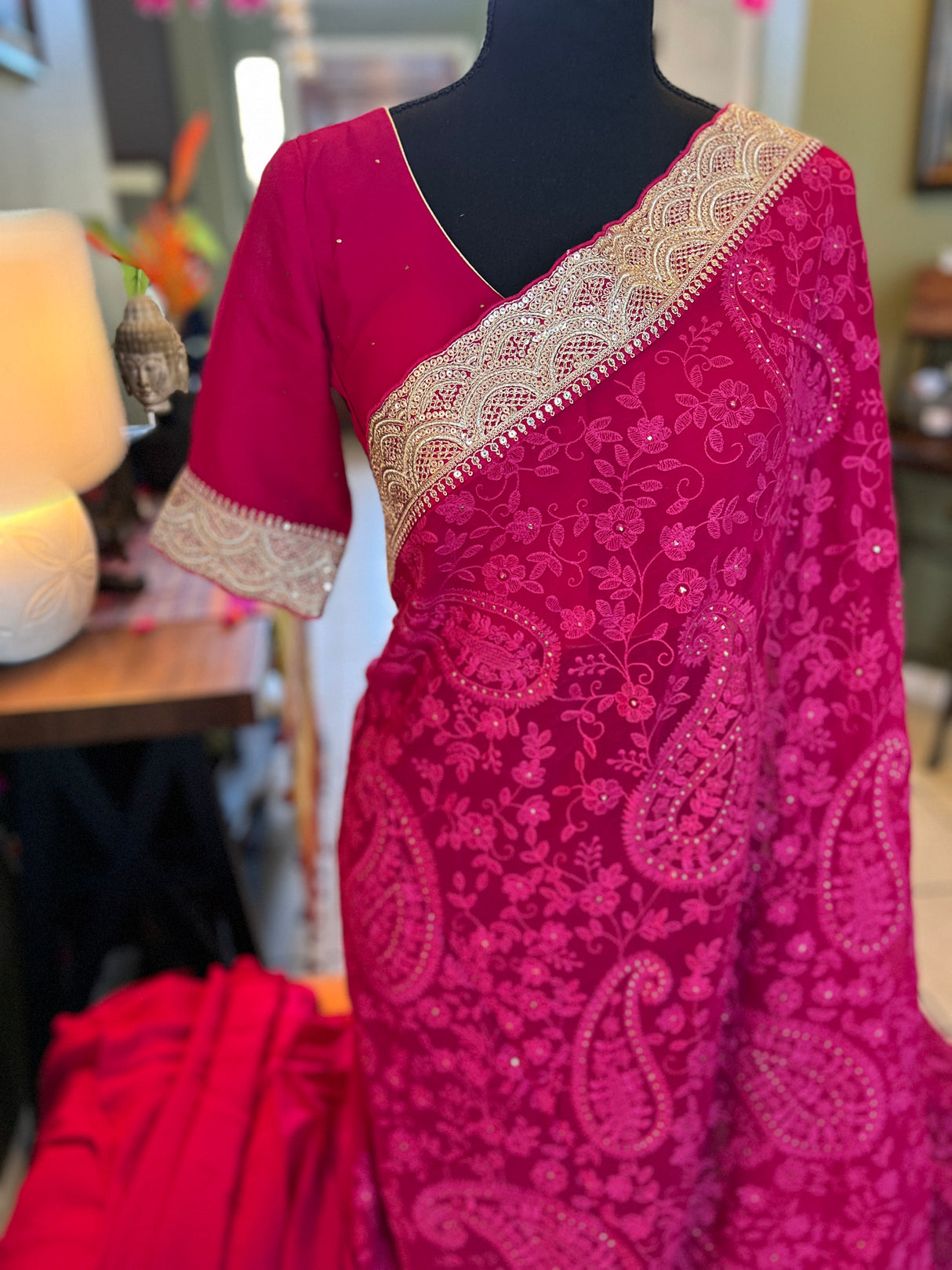 Pink Chikenkari on Pure Georgette with Stitched Blouse