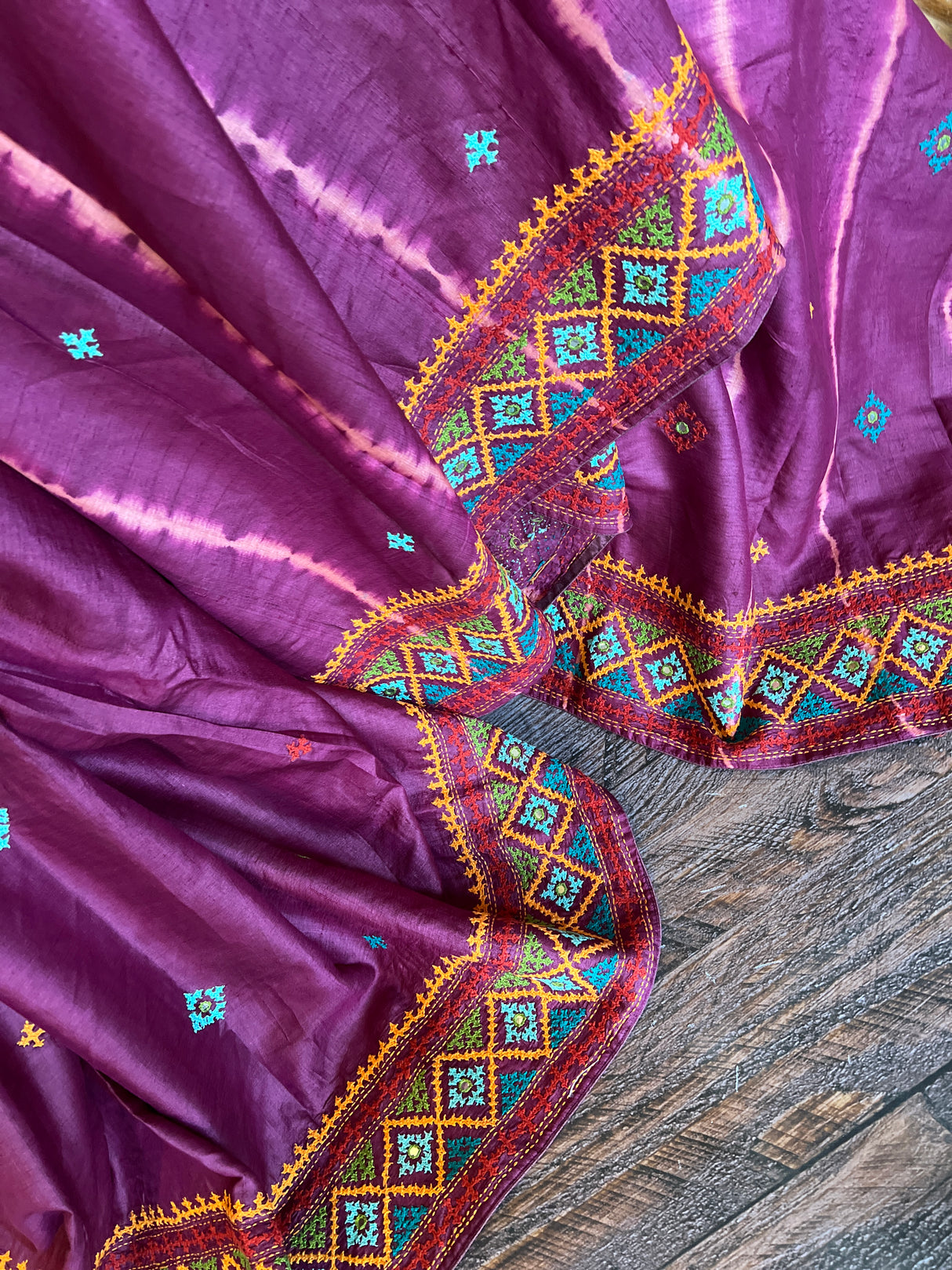 Wine Shibori and Kutchwork Gachi By Gachi Tussar Silk