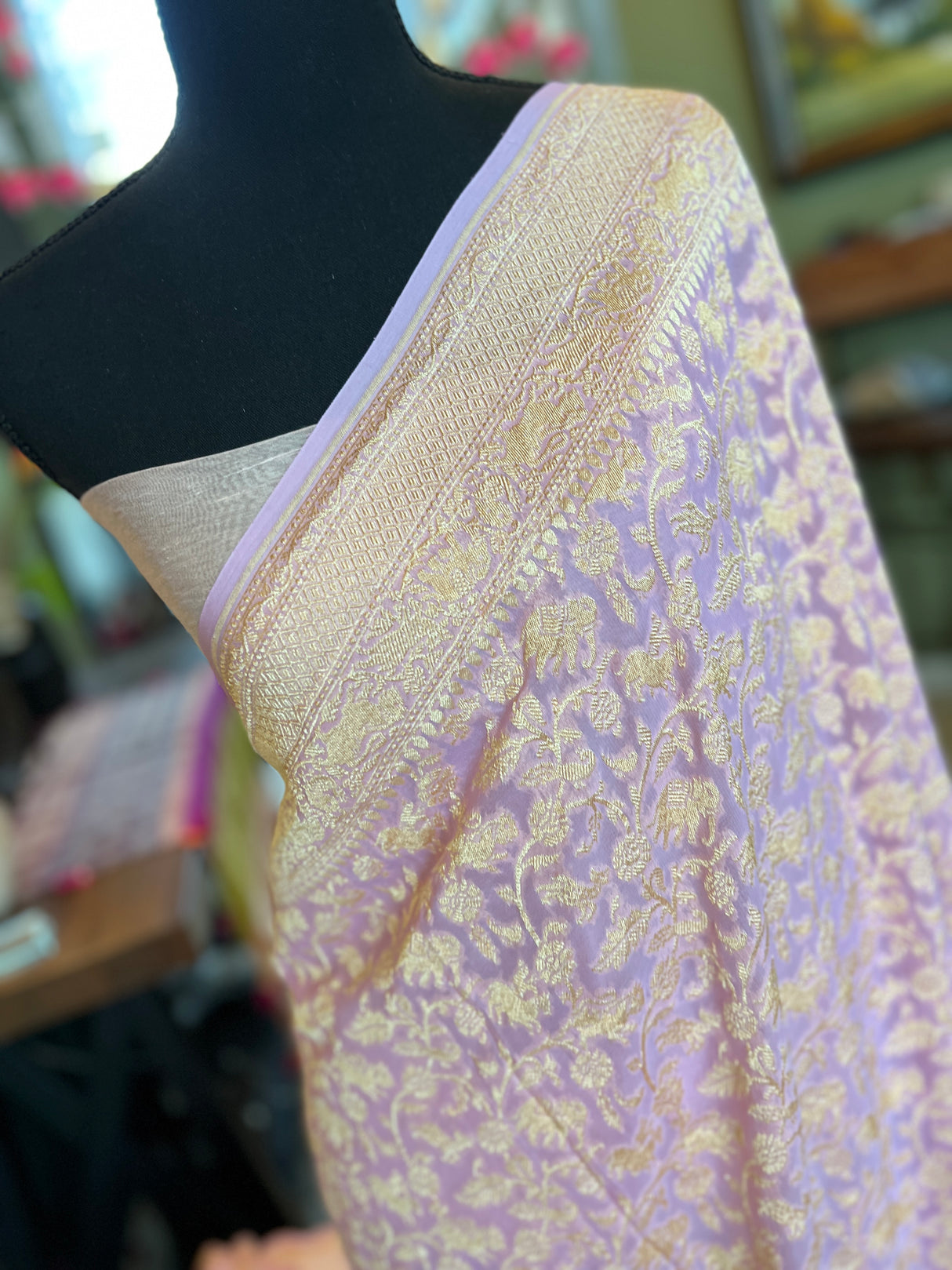 Pure Khaddi Crepe Georgette Shikargah Banarasi Handloom Saree