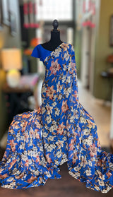 Blue Floral Pure georgette With Flutter Sleeve Blouse