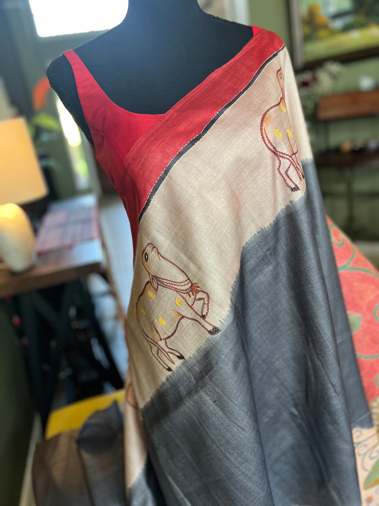 tussar silk saree Hand Embroidered