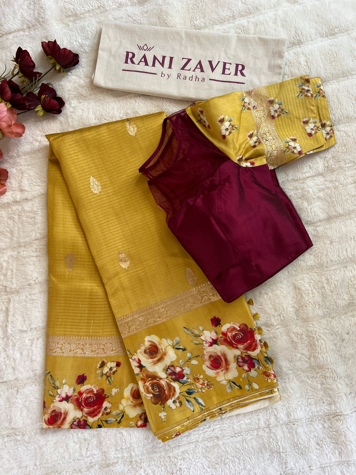 Yellow Mashru Banarasi With Floral Borders
