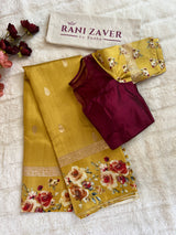 Yellow Mashru Banarasi With Floral Borders