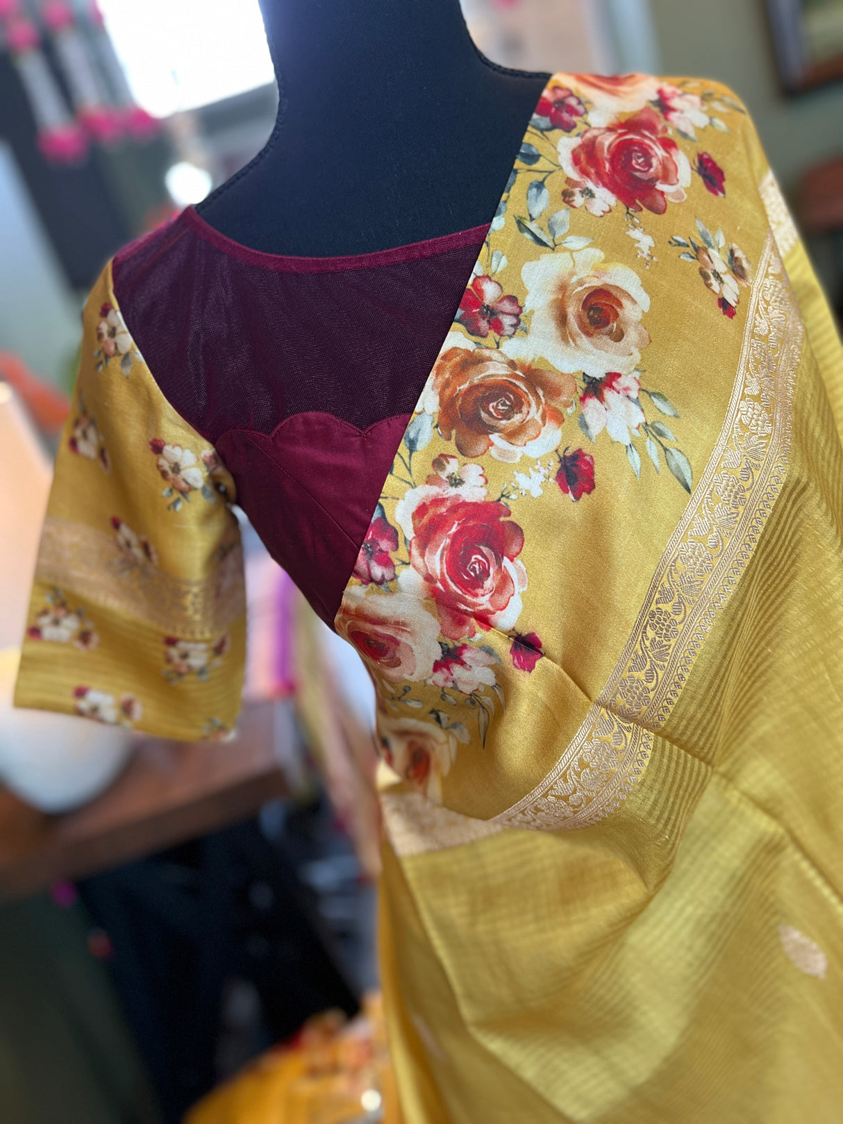 Yellow Mashru Banarasi With Floral Borders