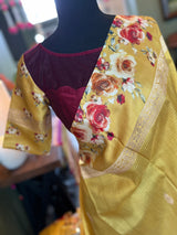 Yellow Mashru Banarasi With Floral Borders
